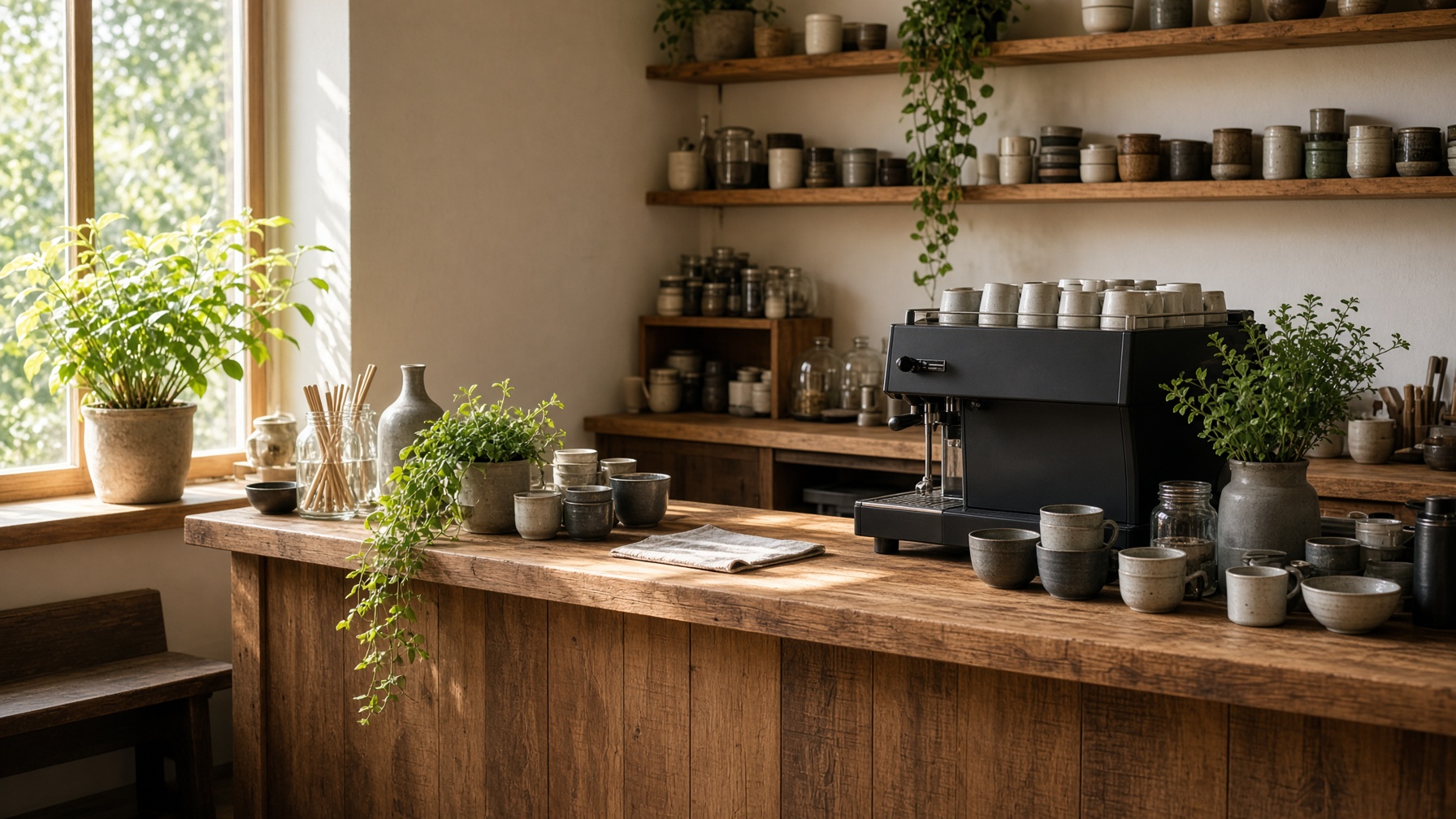 A small coffee counter in warm morning light